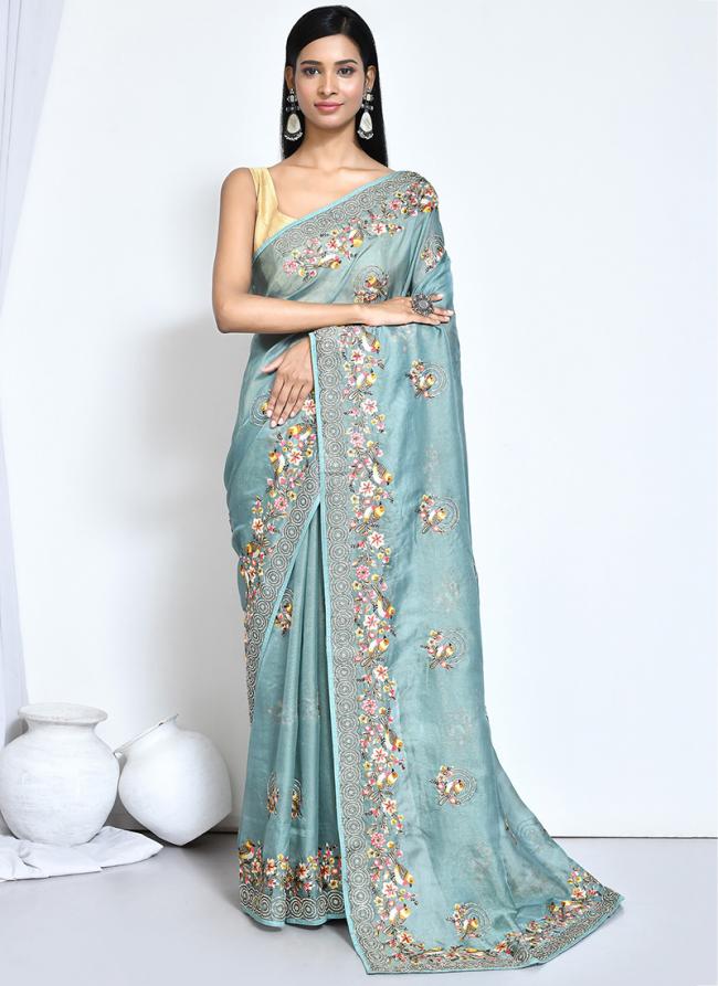 Net Organza Silk Blue Wedding Wear Embroidery Work Saree